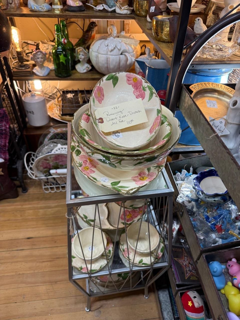 Close view of vintage Desert Rose patterned dishes
