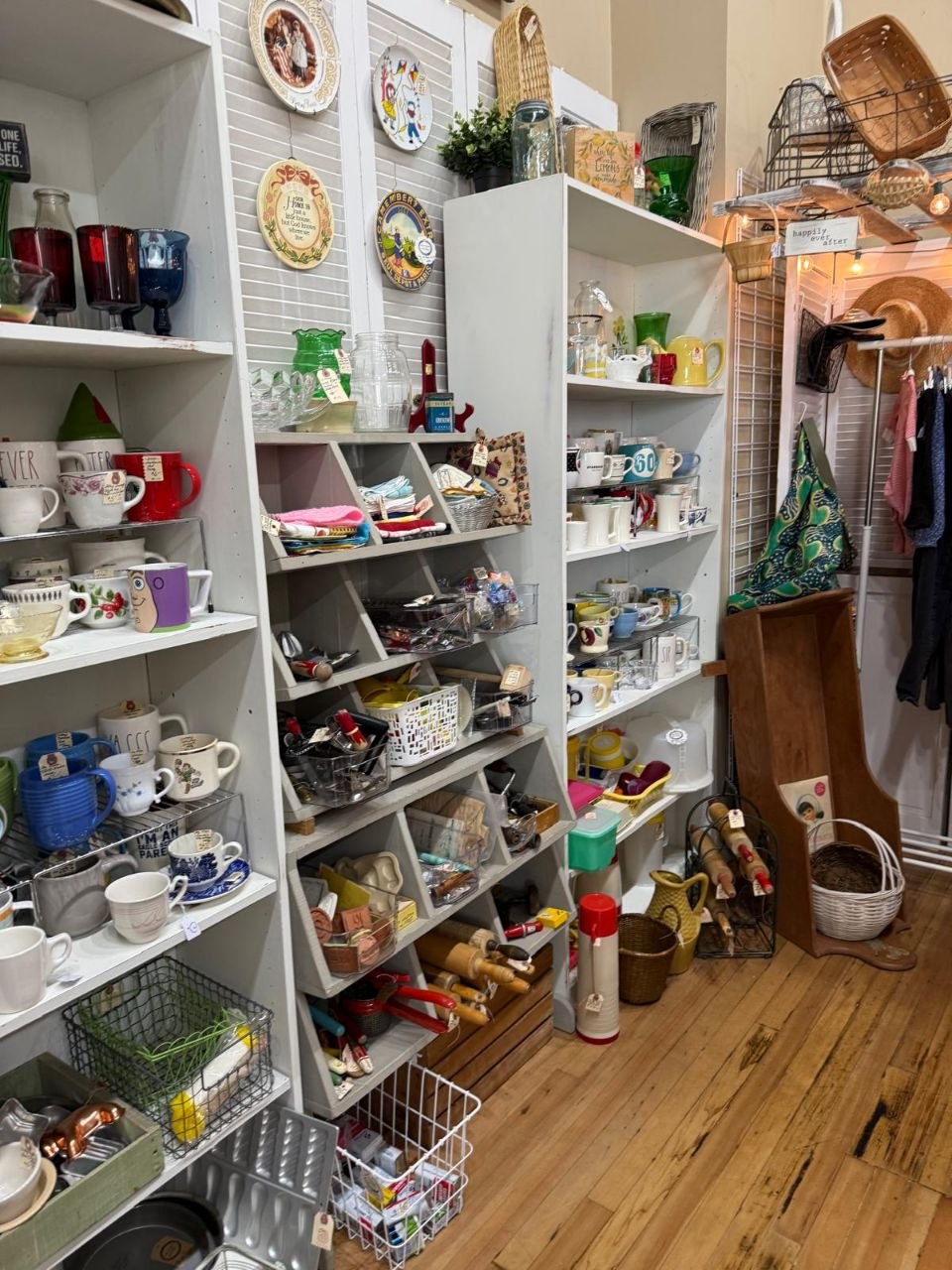 Vintage kitchen goods and homewares arranged on a table